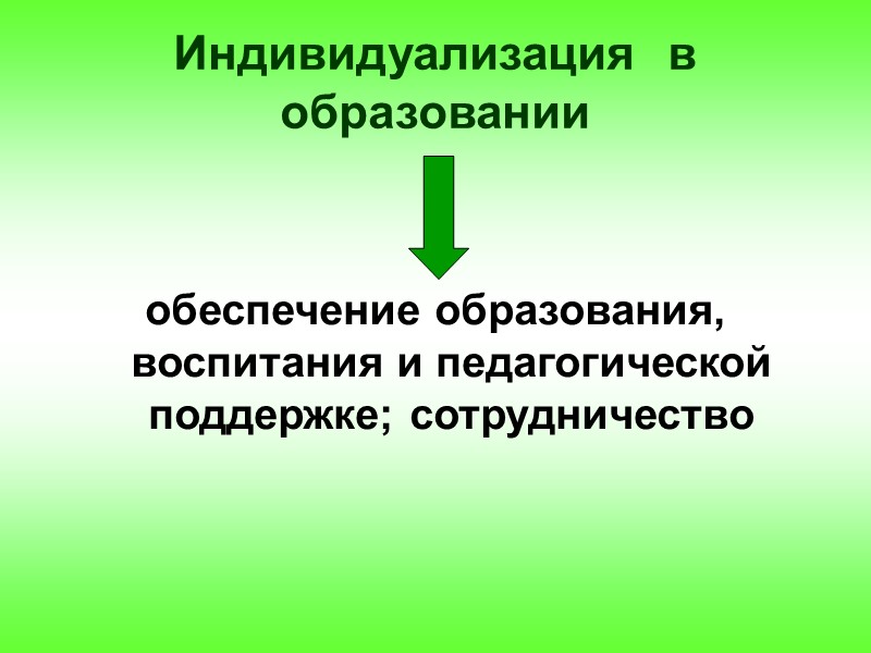 Индивидуализация  в образовании   обеспечение образования, воспитания и педагогической поддержке; сотрудничество